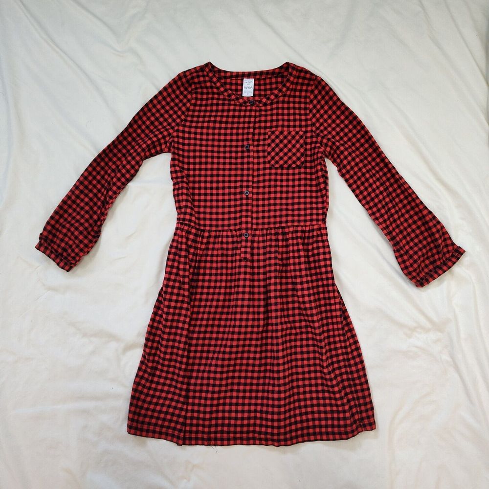 Carter's Kid Plaid Dress Girls 10 Red‎ Black Buffalo Check Long Sleeve Button Up